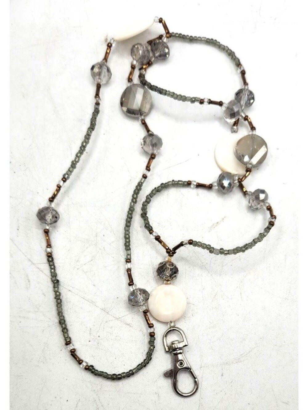 Beaded Lanyard With Clear Crystals Green & Bronze Beads ID Badge Holder